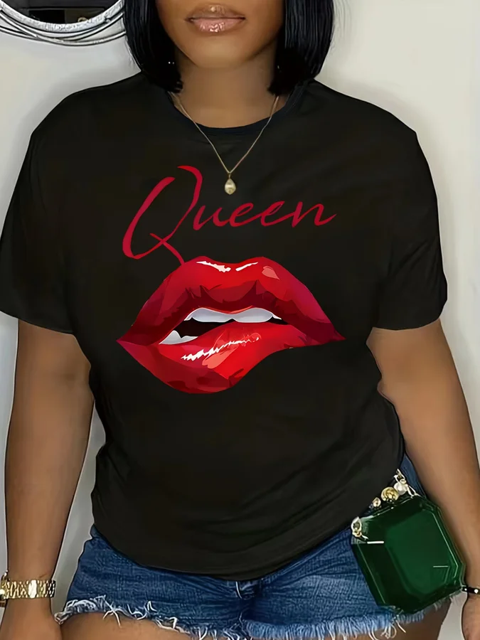 Sexy Red Lips Graphic Tees For Women Baddie Aesthetic T Shirt Queen Letter Print Casual Short Sleeve Y2K Harajuku Top Female Summer