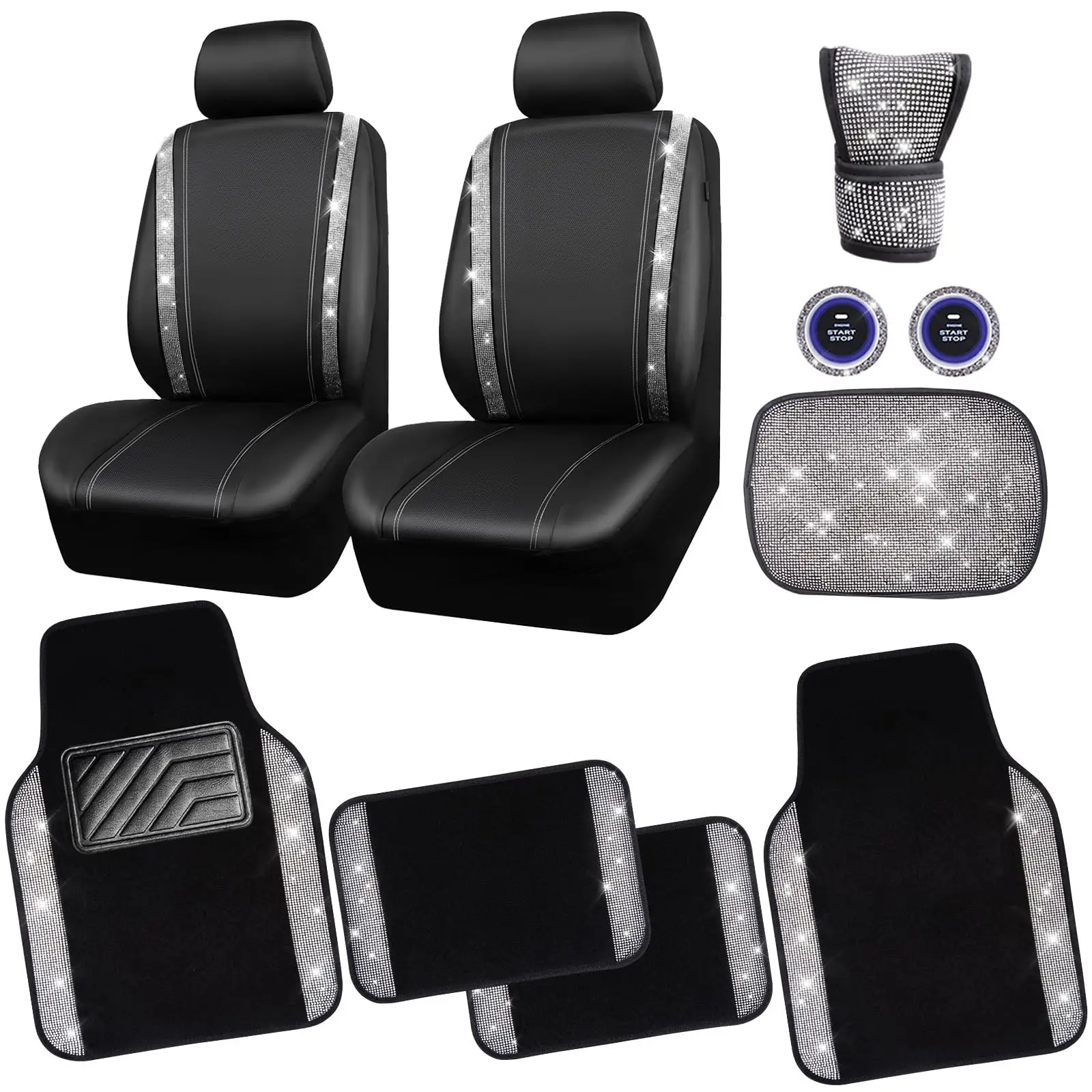 

Rhinestone Bling Diamond Car Seat Covers Set with Glitter Floor Mats, Leather Waterproof Anti-Slip Silver Sparkly Interior for W