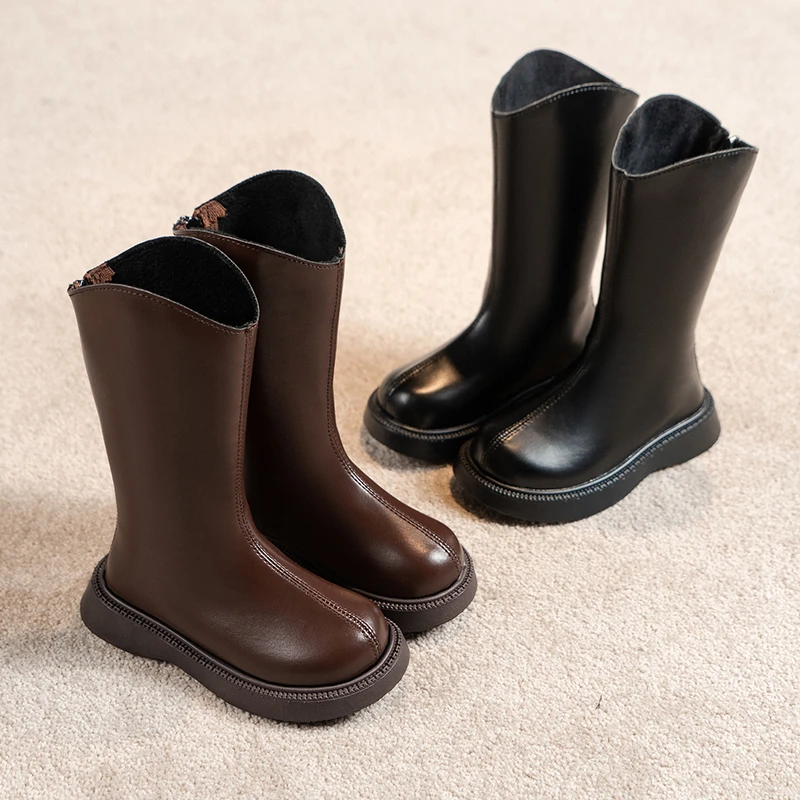 

Зимние классические детские высокие сапоги, теплые модные ботинки на платформе для девочек в стиле ретро, черные, коричневые, простые детские повседневные плюшевые ботинки, нескользящие