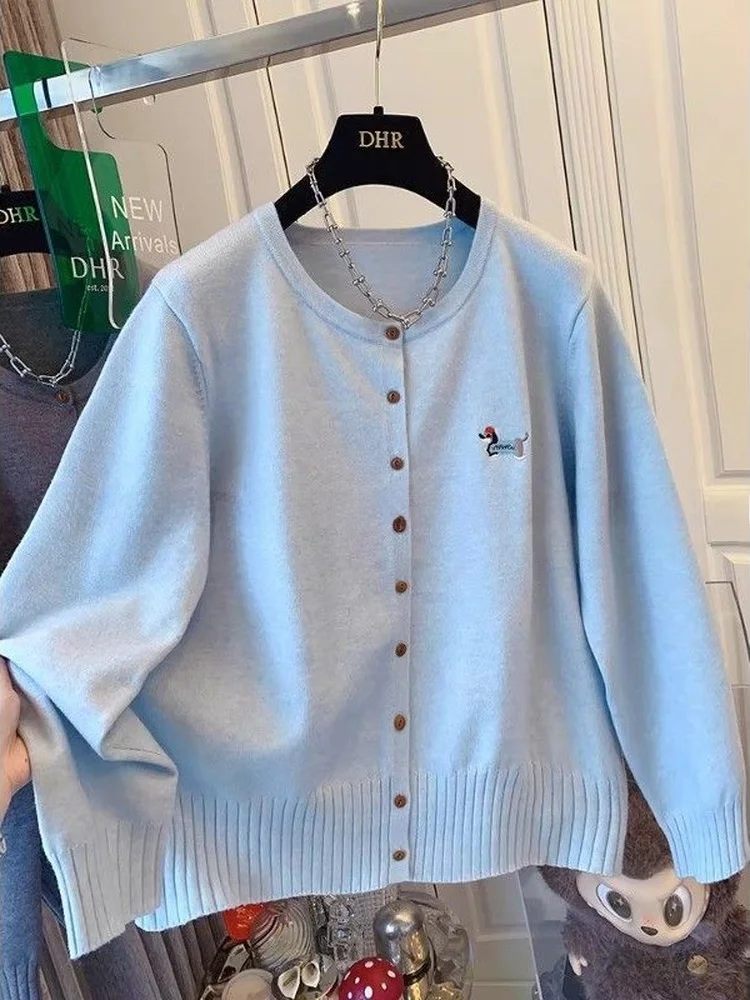

plus Size Knitted Open Cardigan Women's Loose Inner irt Spring New Blue Sweater Korean Sle Dog Print Long Sve round Ne