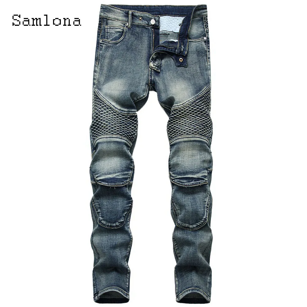 2025 أمريكا نمط موضة البضائع الجينز الدنيم السراويل الرجال الوقوف جيب الكاحل طول بنطلون الرجال عادية المرقعة بناطيل ضيقة جديد