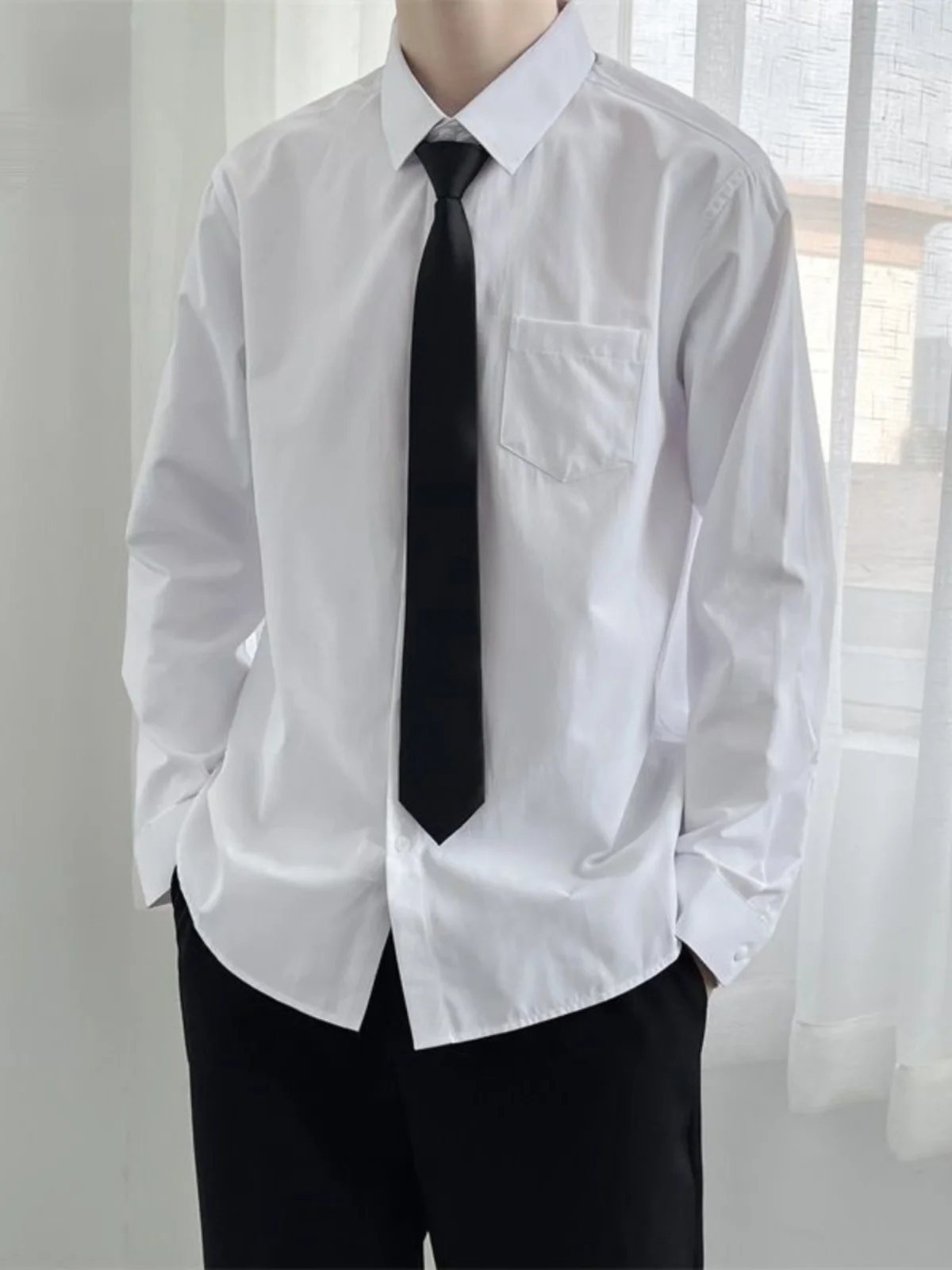 Casual Long Sleeve Men's Shirt Hong Kong Style Student Class Uniform Loose Fit College Wind White Button-Down Autumn Fashion