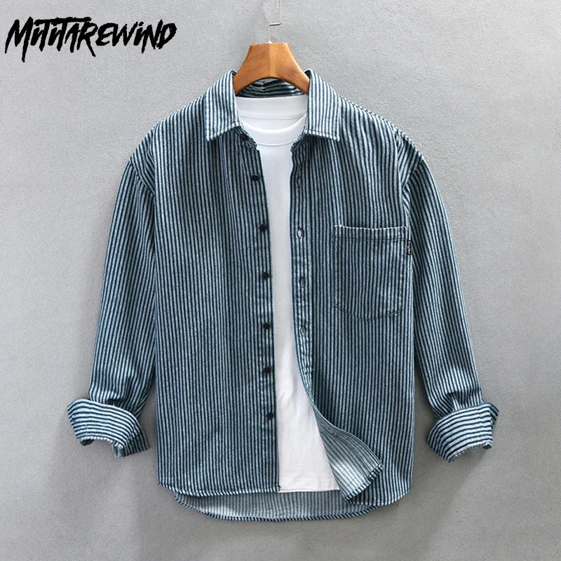 

Весенние и осенние полосатые рубашки с длинными рукавами, мужские японские винтажные рубашки, мужские свободные рубашки с карманами и лацканами, молодежная повседневная одежда