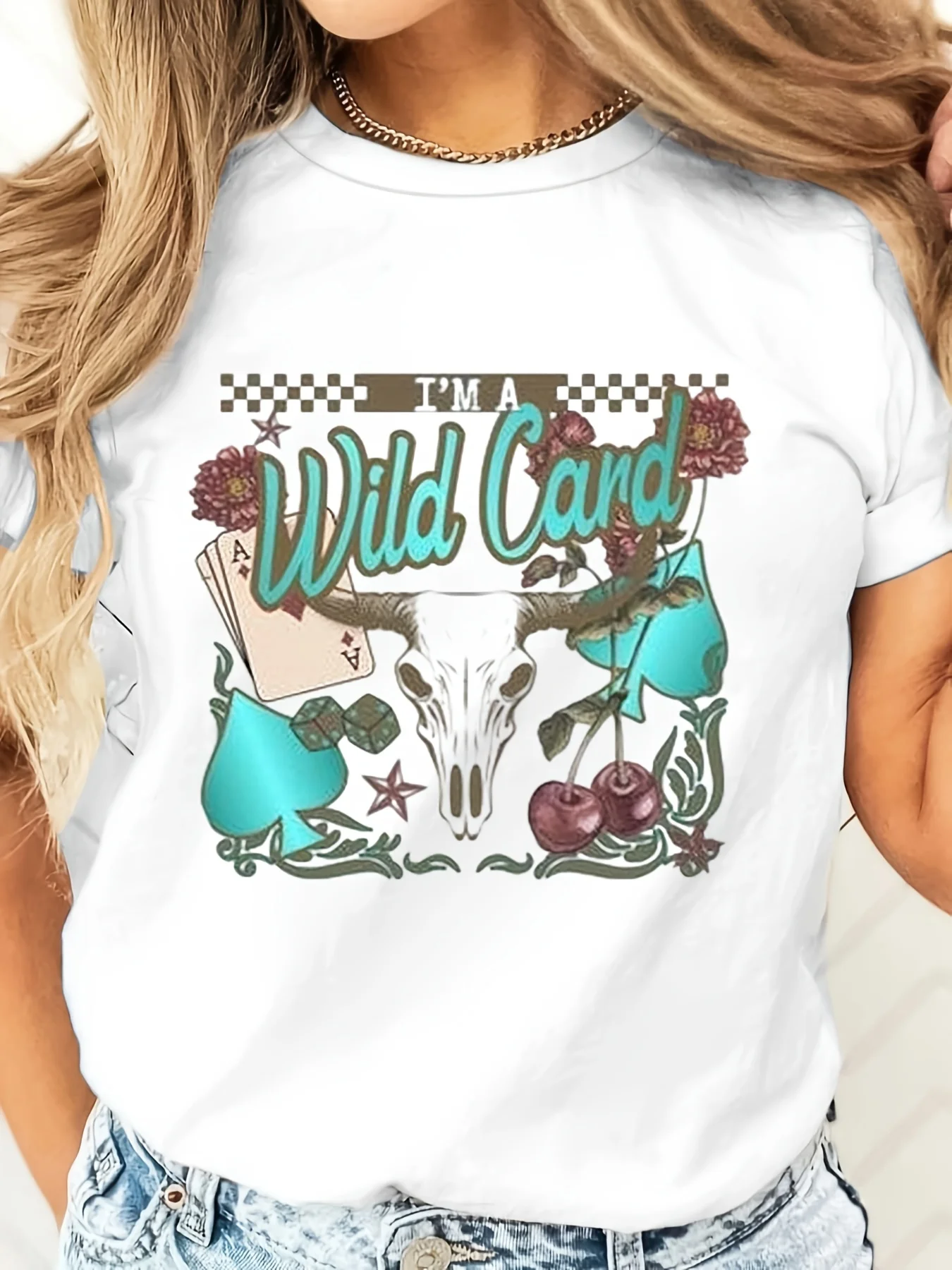 I'm A Wild Card Skull And Playing Cards Graphic T-Shirt, Retro Casino Gambling Theme, Party Festival Casual Wear