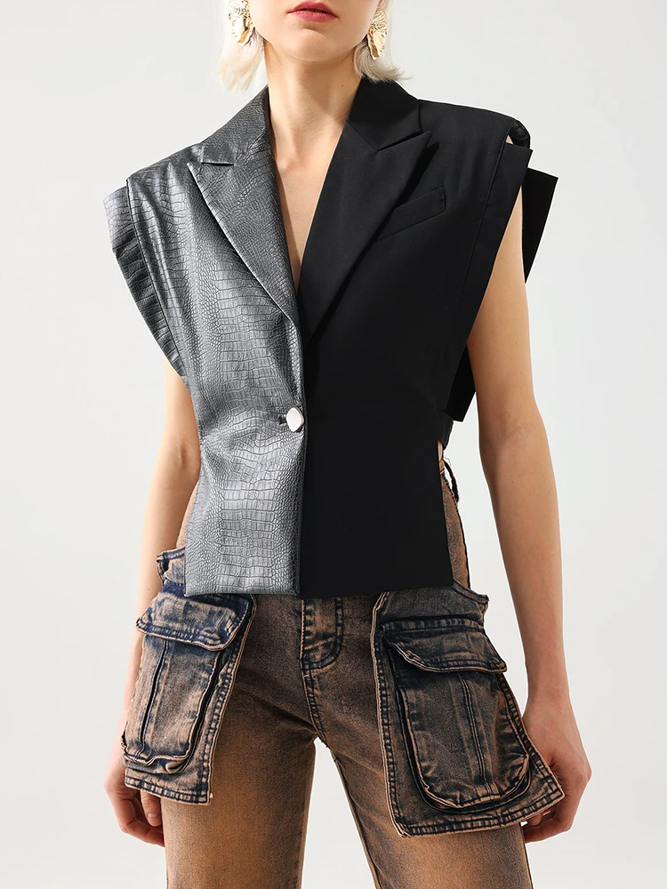 TWOTWINSTYLE Solid Streetwear Spliced Leather Waistcoat For Women Lapel Sleeveless Patchwork Belt Designer Vests Female Fashion