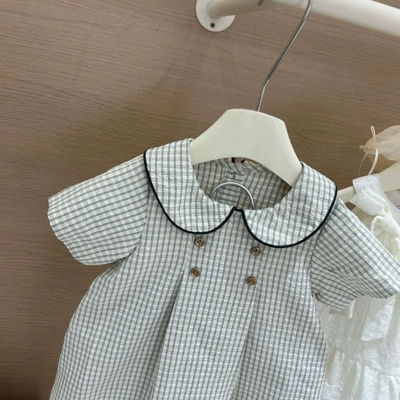 Summer New 2026 Design Sense Plaid Doll Collar Short Sleeved Button Decoration Cute Princess Dress