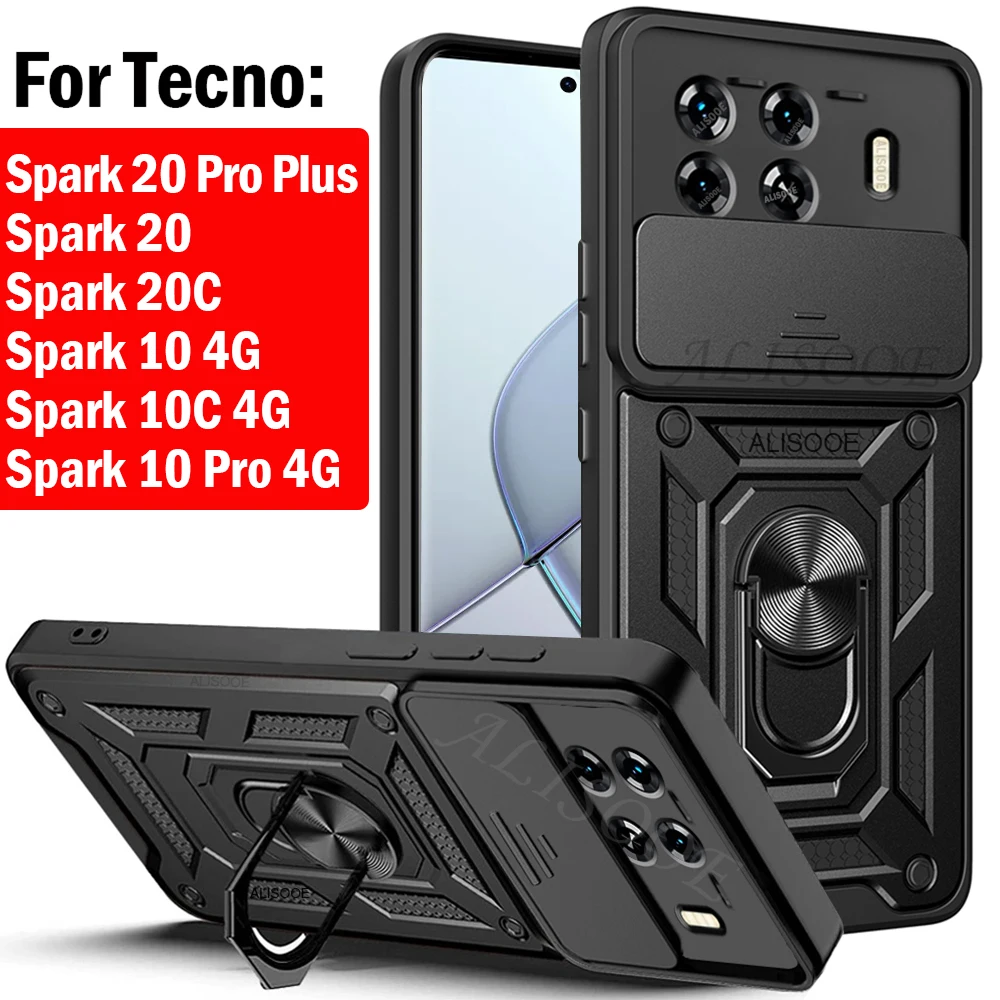 Armor Funda for Tecno Spark 20 Pro Plus 20C 10C 10 4G Case Slide Camera Ring Stand Protect Cover for Tecno Spark 20 Pro+ Capa