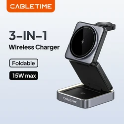 CABLETIME Foldable Magnetic 3 in 1 Wireless Charger Stand for iPhone 16/15/14 iwatch Airpods Samsung S23 S22 S21