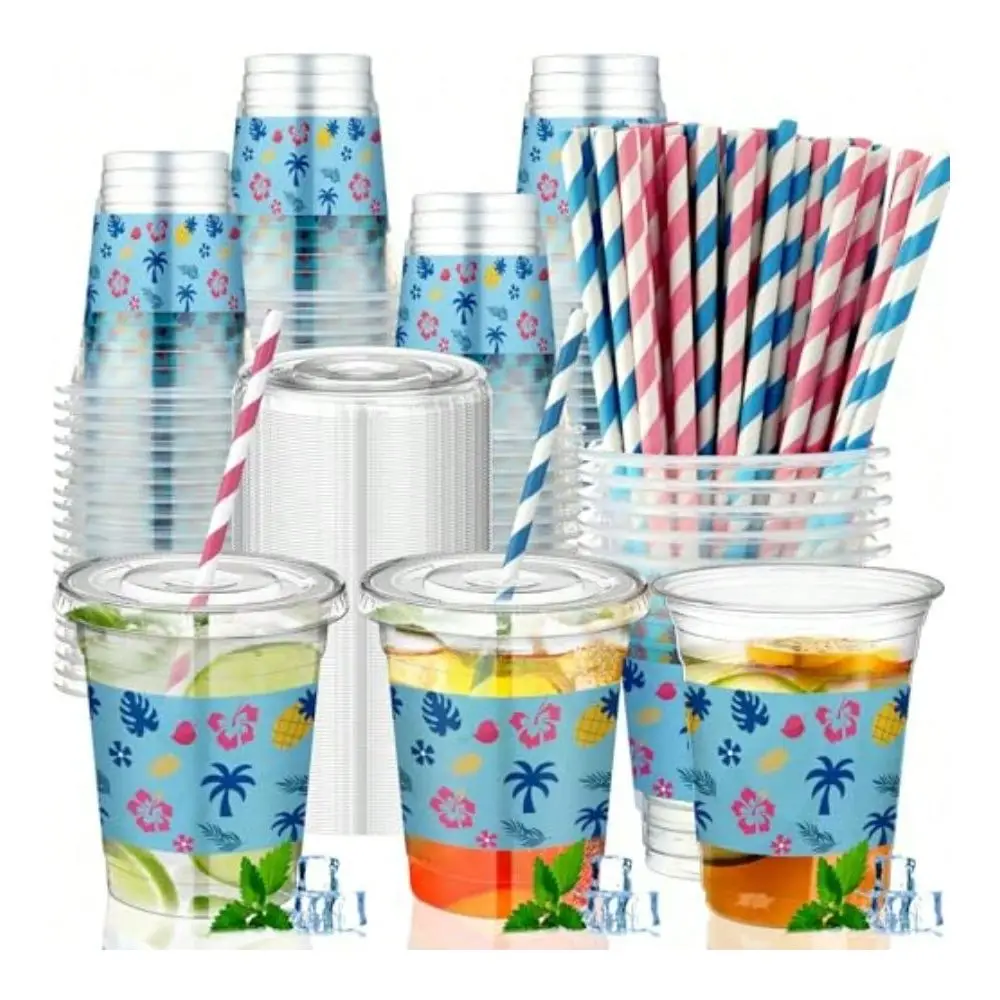 

Sets Tropical Hawaii Birthday Party Decorations 14 Oz Disposable Plastic Cups With Lids And Straws Cartoon Summer Palm Le