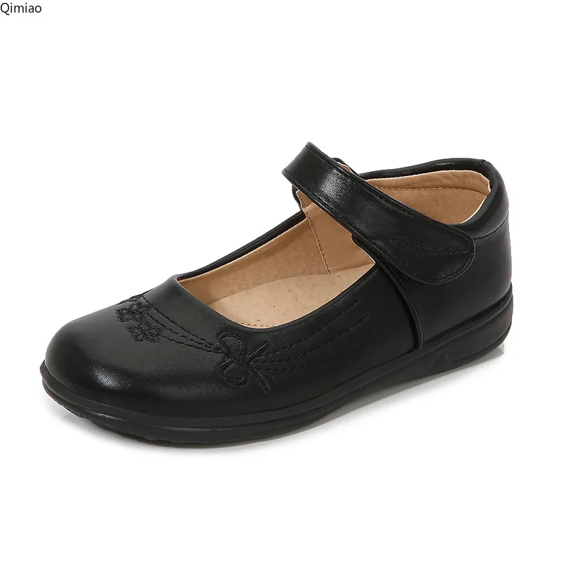 Girls Black Leather Shoes for Students Performance Children Glossy Black Uniform School Shoes Kids Versatile Soft Hook & Loop