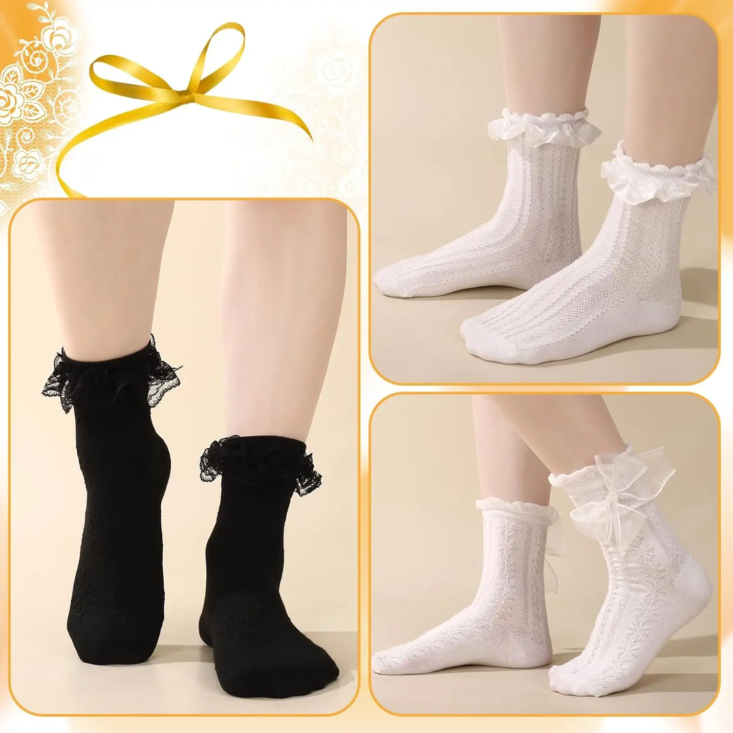 1/6 Pairs Lace Ruffle Crew Socks for Women,Cotton Cute Princess Ankle Dress Lace Socks for Women Girls