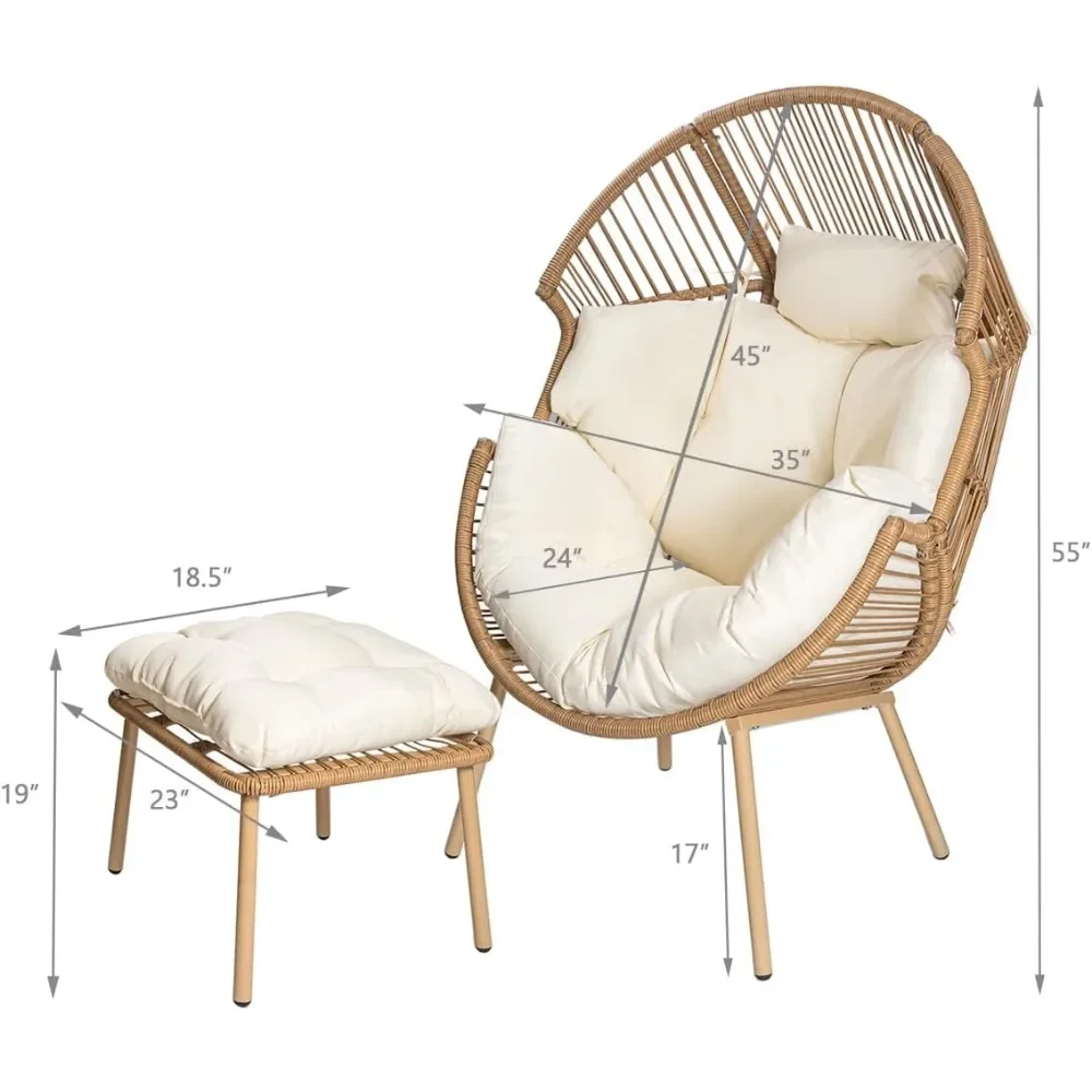 2-Pieces Stationary Wicker Egg Chair Oversized Egg Seat 350lbs Teardrop Cuddle Cocoon Chair Egg Basket Lounge Chair with Ottoman