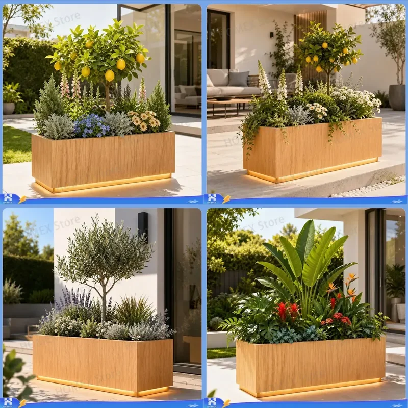 Outdoor Wood Grain Flower Box Planter Hot Dip Galvanized Steel Raised Garden Bed Large Metal Plant Stand for Patio Street