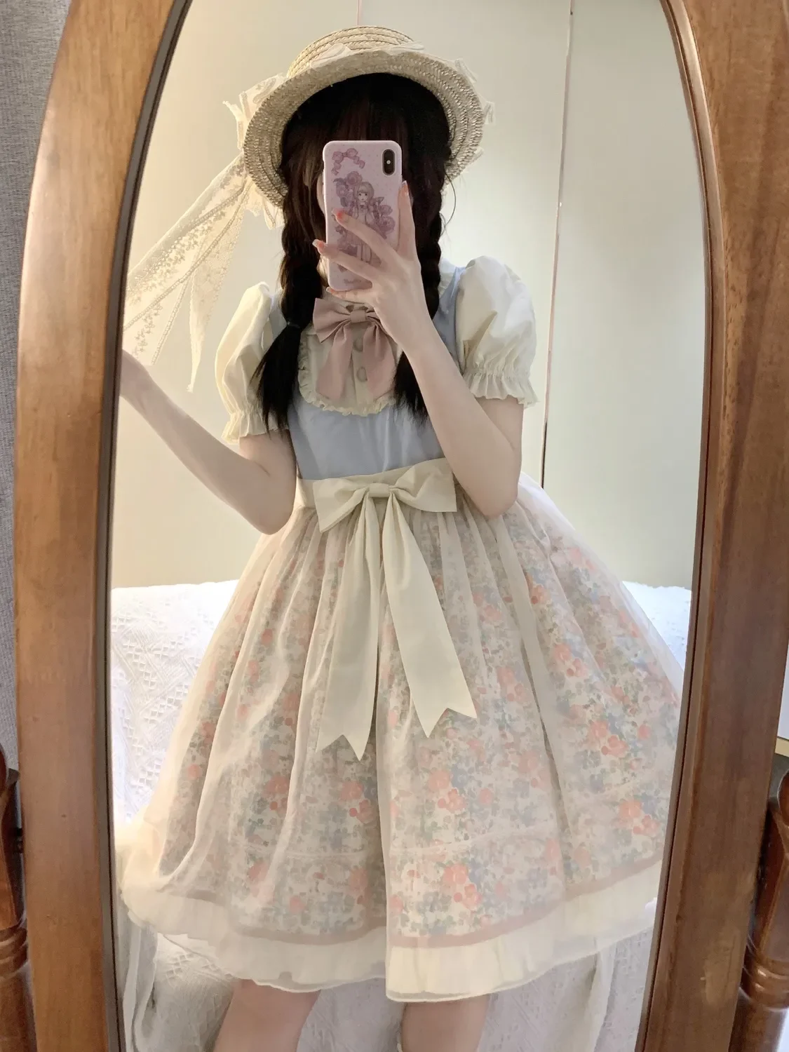 

CON Sweet Lolita Flower Print Princess Dress Women Cute Bow Lace Doll Collar Party Dresses Harajuku Kawaii Y2K Mini Vestidos