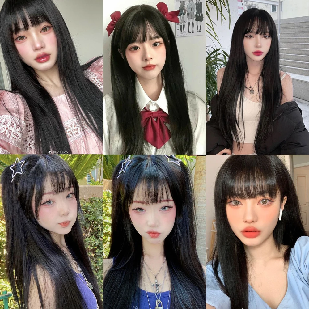 Long Straight Natural Black Synthetic Wigs with Bangs for Women Afro Cosplay Party Daily Black Hair Wig Heat Resistant Dark Wig