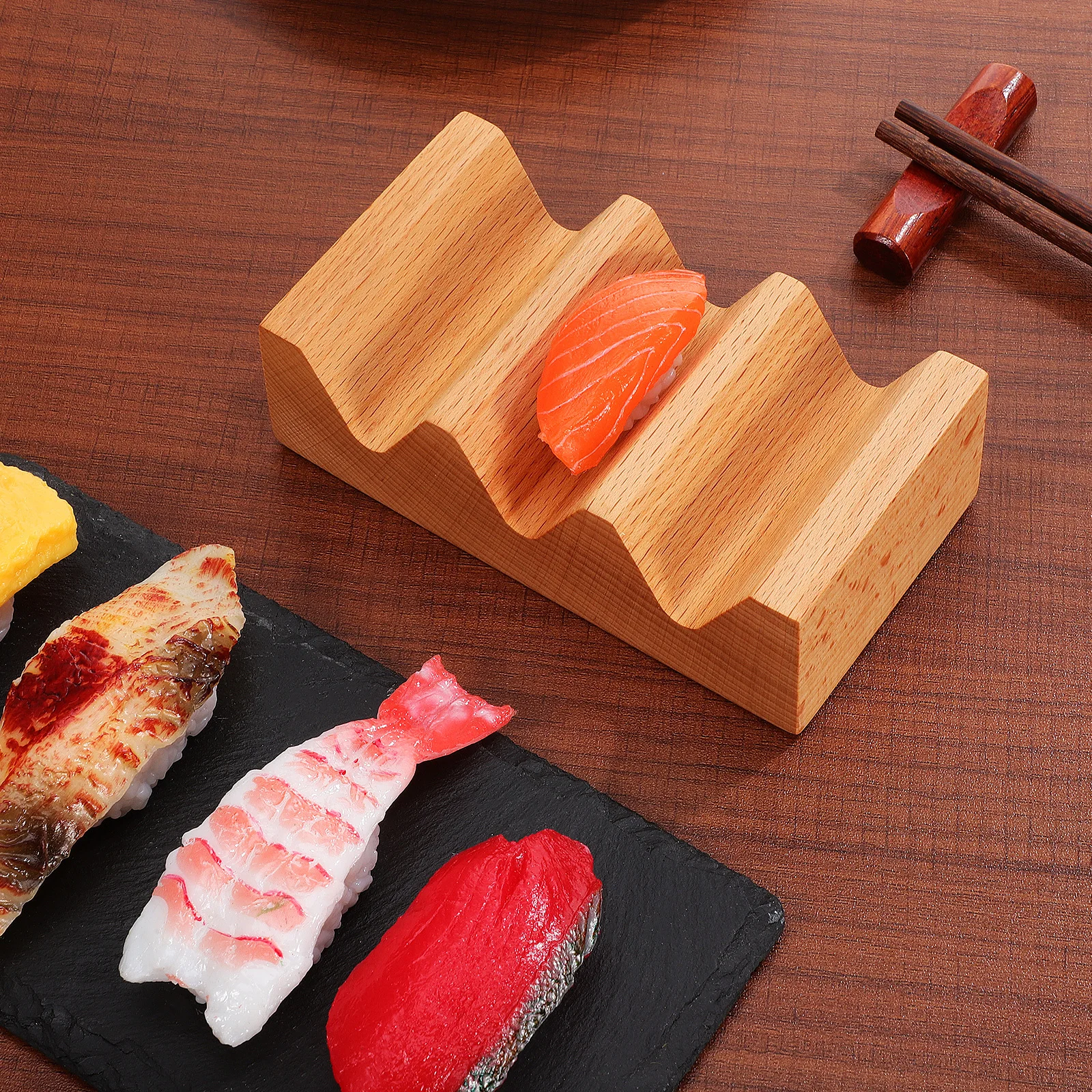 

Wooden Sushi Triangle Shape Light Brown Reusable Rack for Food Holder Counter Serving Food Holder Japanese Style