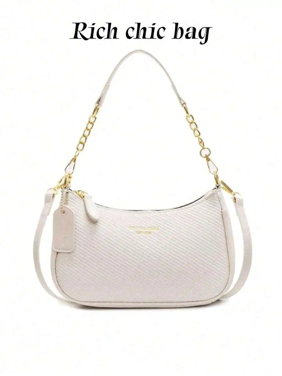 

Elegant White Textured PU Shoulder Bag with Gold Chain Strap