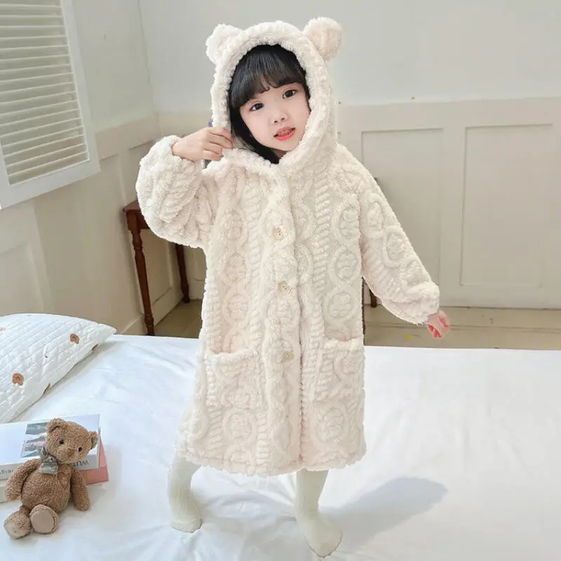 Girl Winter Hooded Robe Autumn Coral Fleece Pajamas Mid-Length Homewear Bathrobe Child Fashion Kawaii New Style Casual Clothing