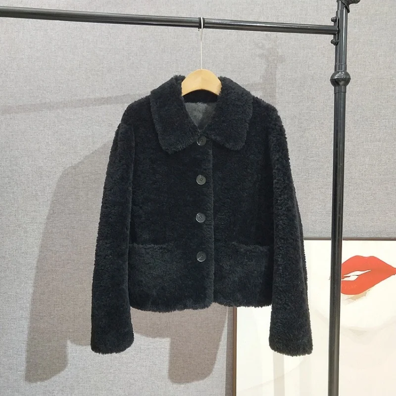 ผู้หญิงสั้นสแควร์แกะShearlingขนสัตว์Lady Girlขนสัตว์บริสุทธิ์เสื้อขนสัตว์สไตล์เรียบง่าย 2025 ฤดูใบไม้ร่วงฤดูหนาวเสื้อJT525