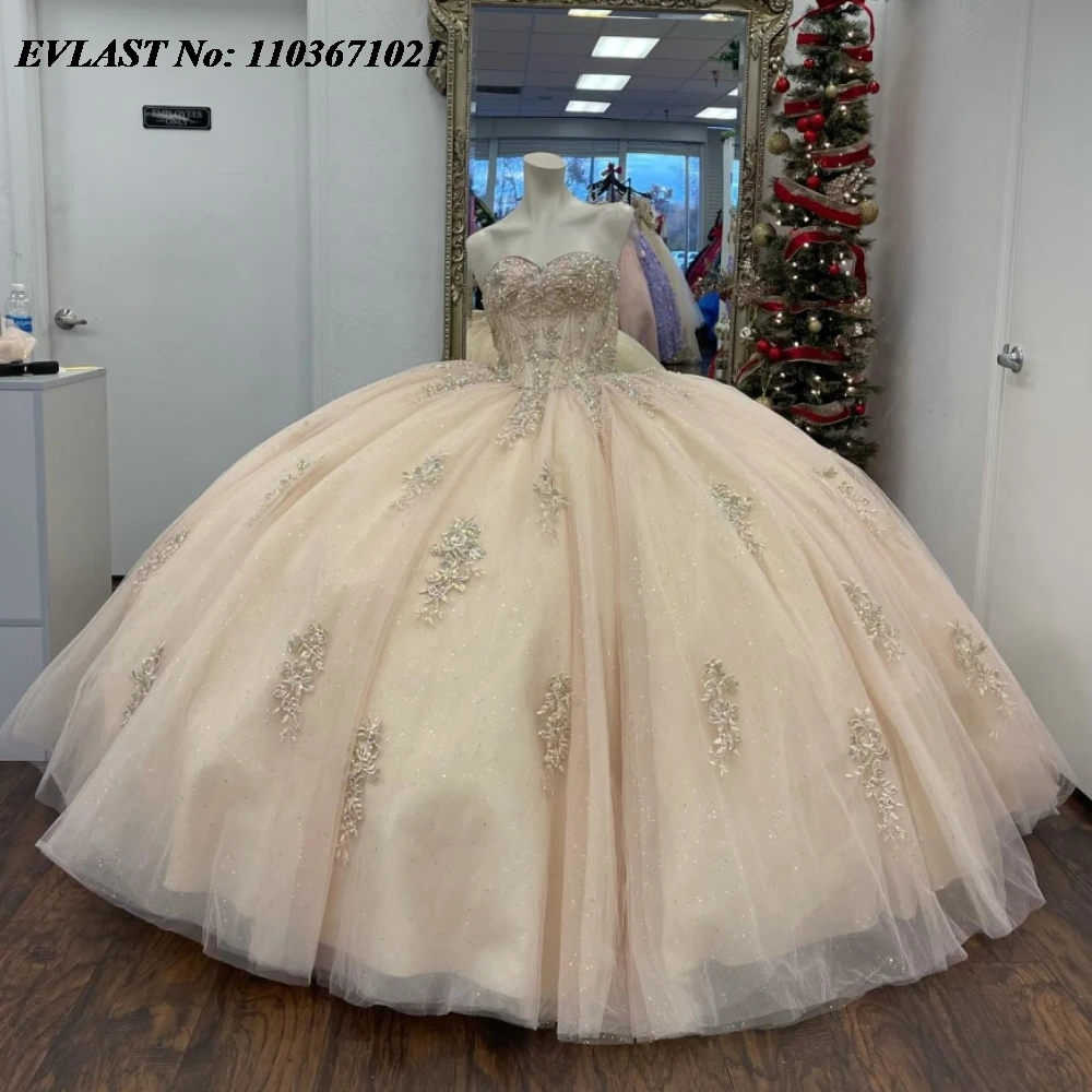 EVLAST disesuaikan sampanye Quinceanera Gaun gaun bola renda Applique manik-manik kristal korset manis 16 Vestidos De 15 Anos SQ684