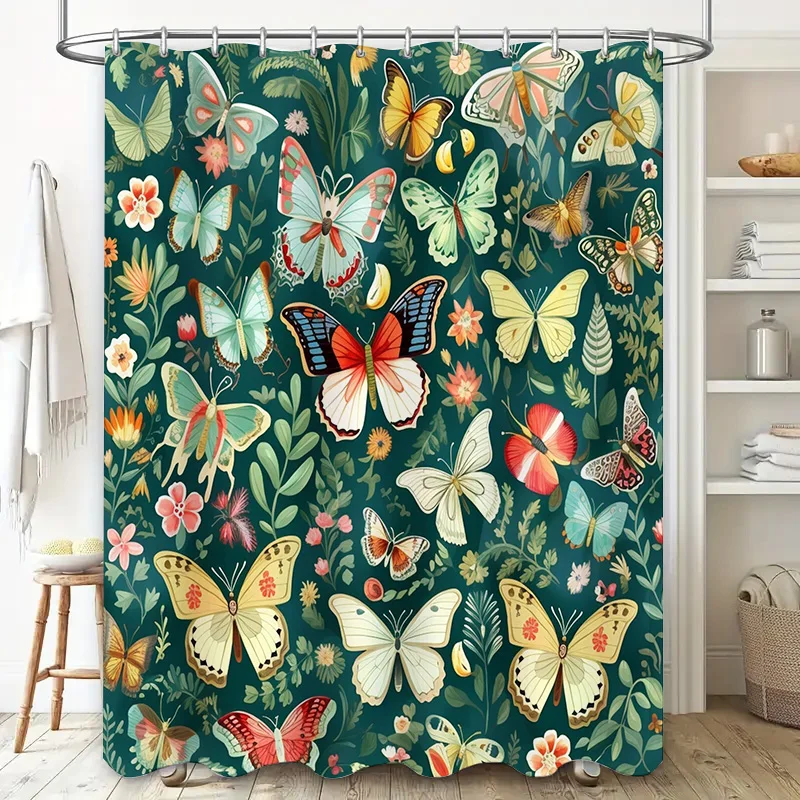Colorful Butterfly Flower Shower Curtain Waterproof Fabric Decor for Bathroom