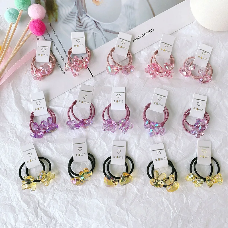 2pcs/set Kid Hair Band Korean Style Cute Sweet Floral Heart Bear Crystal Hair Rope for Baby Girl Little Girl Hair Accessories