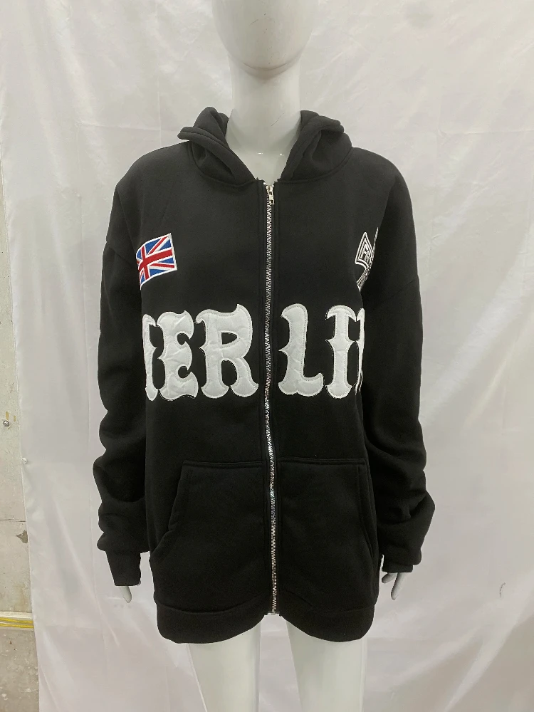 

Dark foam letter embroidered hooded sweatshirt for men and women, autumn and winter American retro pocket jacket