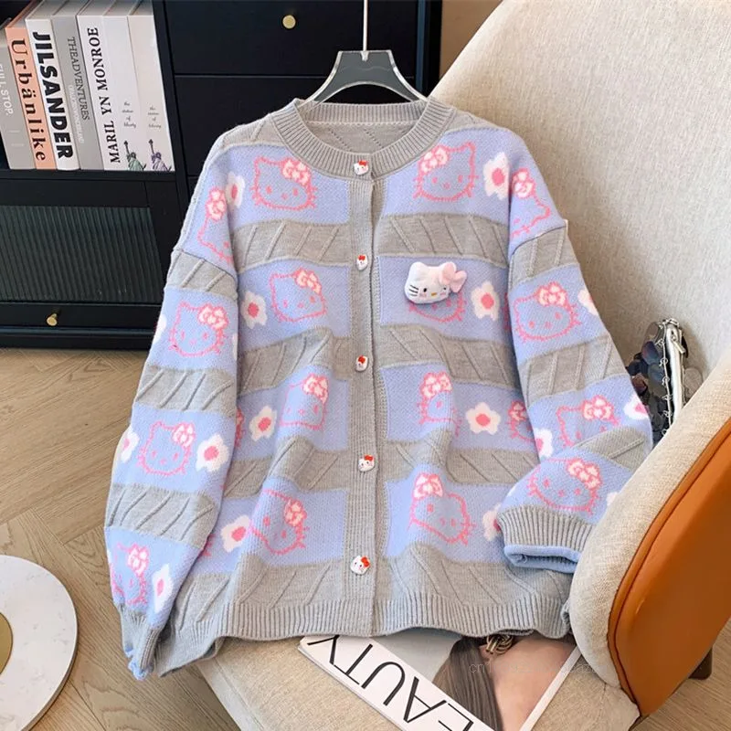 Sanrio Hello Kitty Cute Embroidery Knitted Sweater Women Autumn Winter New Fresh Sweet Sweater Korean Verison Harajuku Trend Top