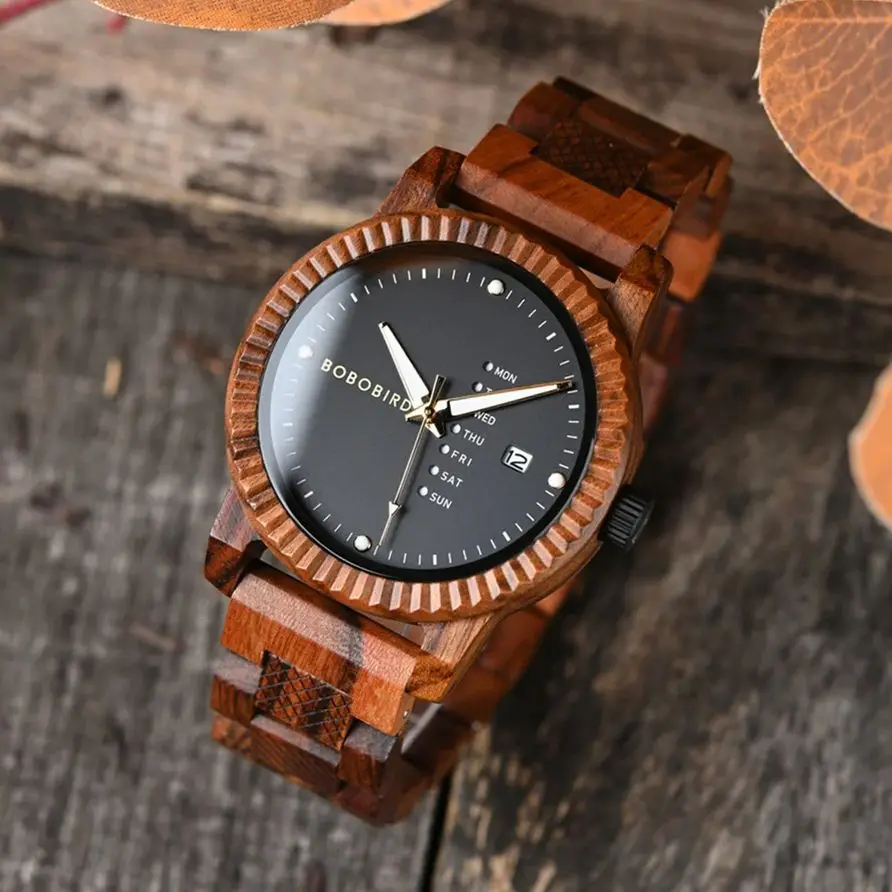 BOBO BIRD Men's Watches Wooden Casual Quartz Wrist Watch for Men Auto Date Week Display with Gift Box Customized Dropshipping