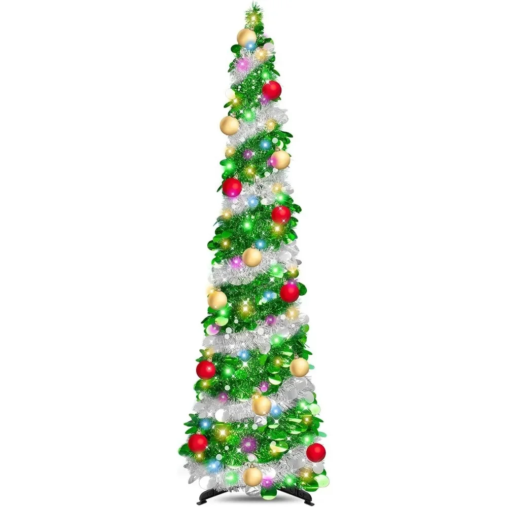 6 Ft Tinsel Christmas Trees - Artificial, Collapsible with Timer, 100 Lights & 15 Balls