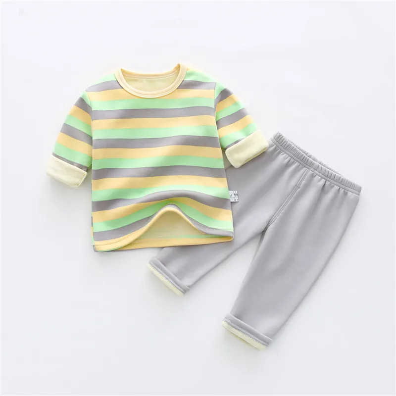 Baby Thermal Underwear Set Plus Velvet Thicken Boys Girls Autumn Winter Warm Bottoming Clothes Children's Soft Striped Pajamas