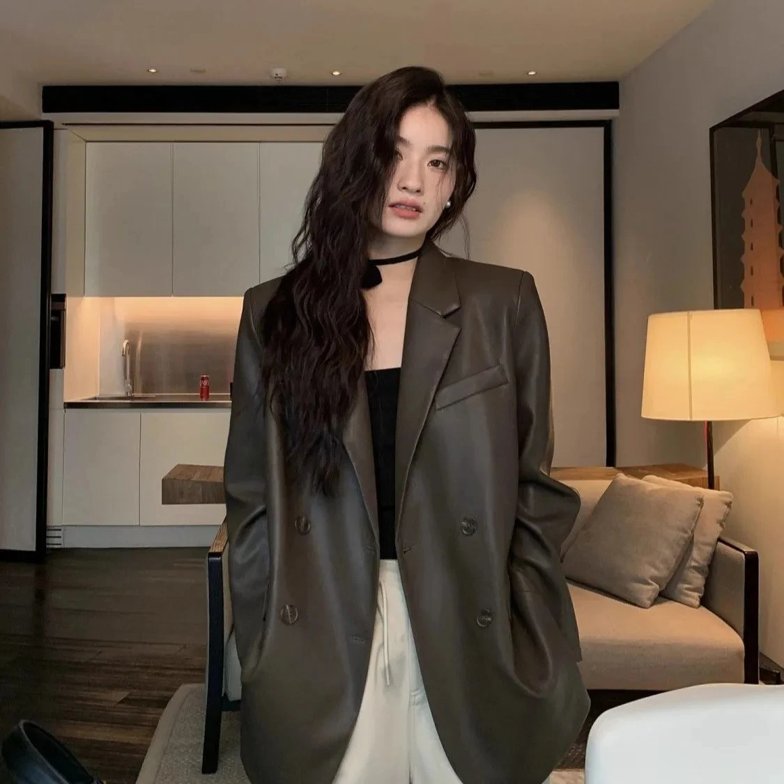 2025 terno preto feminino jaqueta de couro novo estilo macio coreano couro do plutônio high-end feminino solto blazer casaco de couro