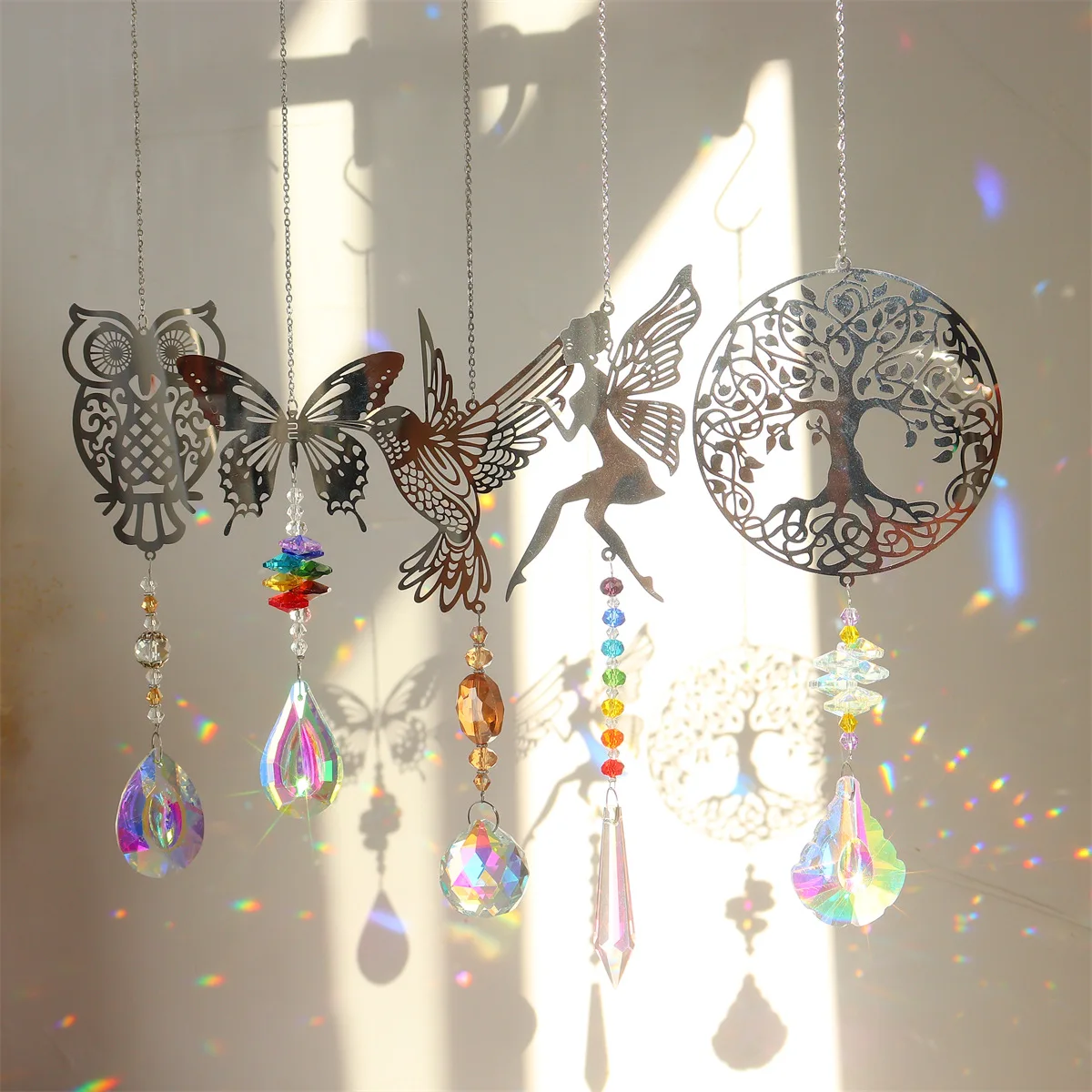 Sun Catcher Rainbow Made Pendant Butterfly Tree Owl Bird Angel Window Hanging Crystal Prism Sun Trap Home Hanging Decorations