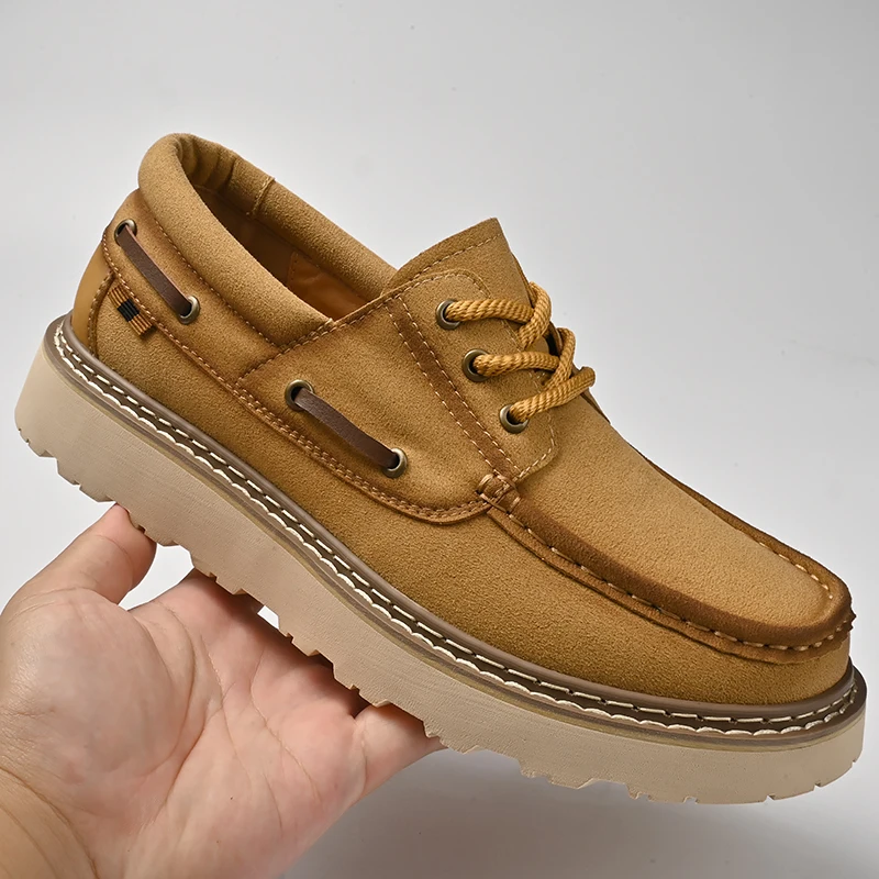 Mens Casual Suede Leather Shoes Thick Soles Platform Boat Shoes Hard Heavy Outsoles For Outdoor Walking Hiking Mountain Climbing