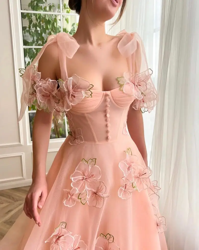 Juliet Peach-Vestido largo de graduación con hombros descubiertos para adolescentes, corsé Floral de encaje 3d, vestido de fiesta de regreso a casa de tul para ocasiones especiales