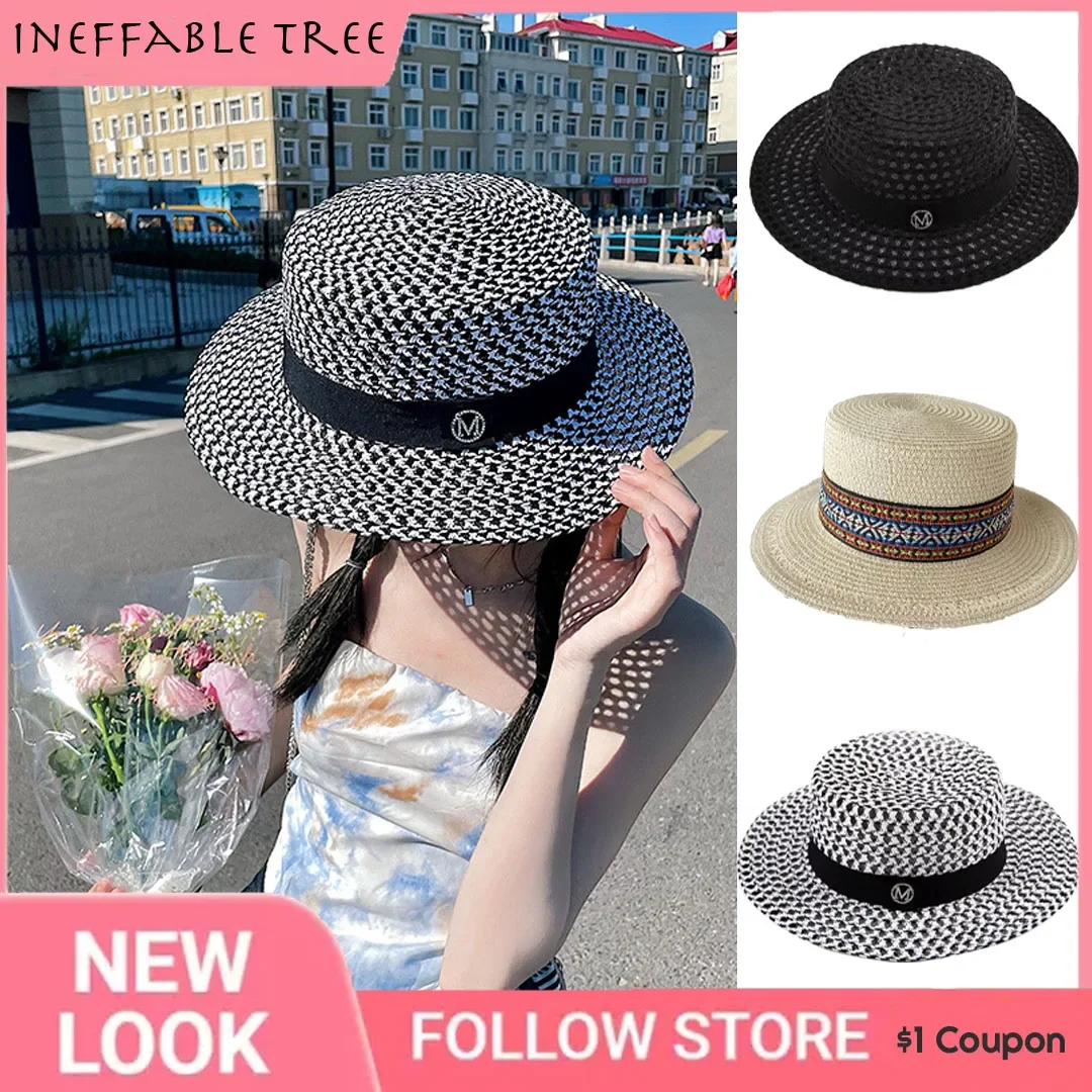 

Women's Spring Summer Letter Flat Top Hats Seaside Sunscreen Beach Sunhats Vacation Casual Panama Beach Fedora Cap Bonnet