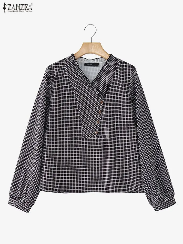 Zanzea blusas femininas xadrez primavera 2026 casual manga longa babados com decote em v meio botões guingão topos vintage verificado roupas femininas