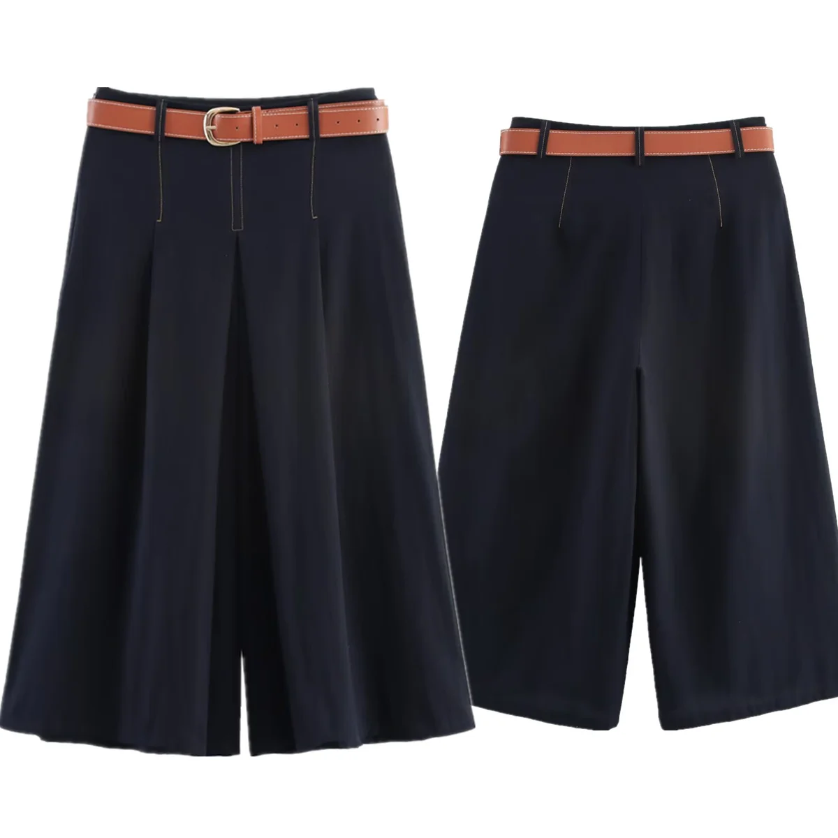 

Maxdutti French Fashion Ladies Minimalist Solid Pleated Bermuda High Waist Wide Led Pants Women Shorts With Belt