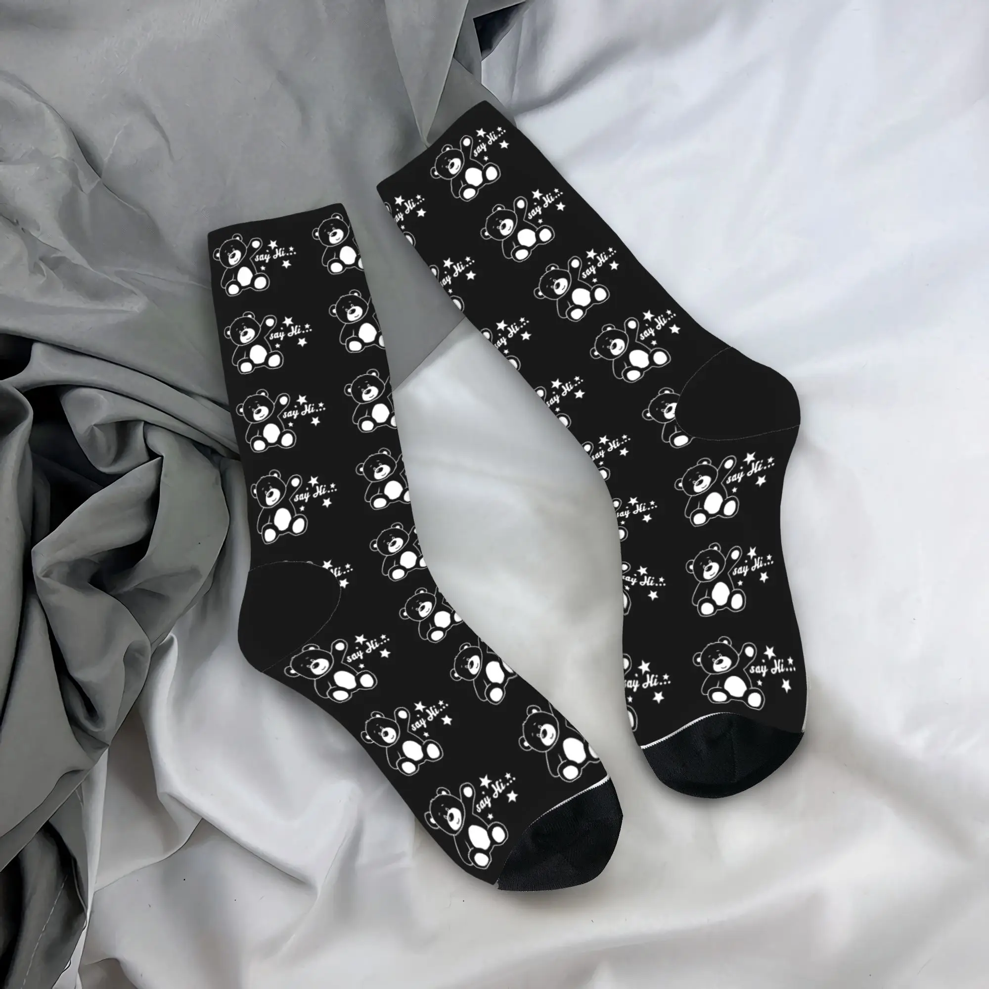 

Teddy Bear Playing Badminton Print Stockings Custom Casual Socks Spring Anti Skid Socks Couple Cycling Soft Breathable Socks