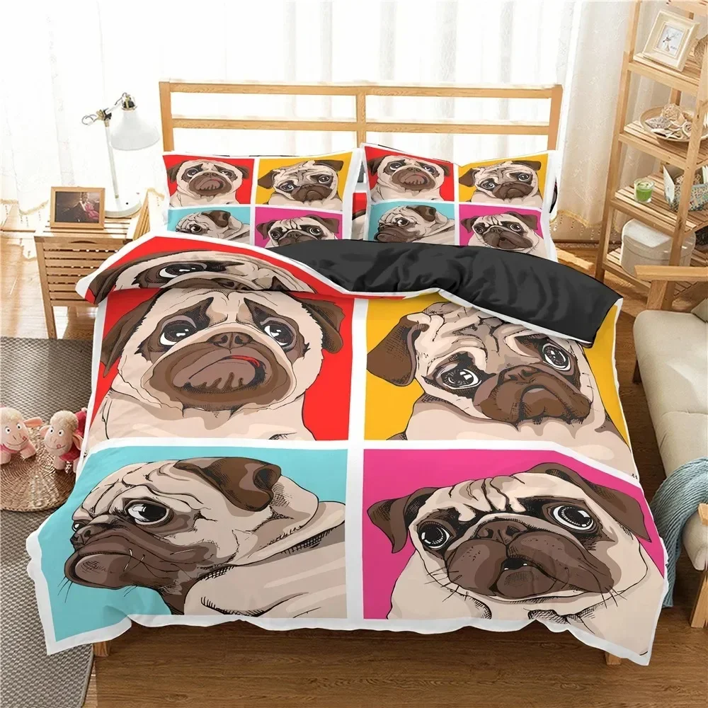 Cute Animal Cartoon Pug Dog Bedding Set Boys Girls Twin Queen Size Duvet Cover Pillowcase Bed Kids