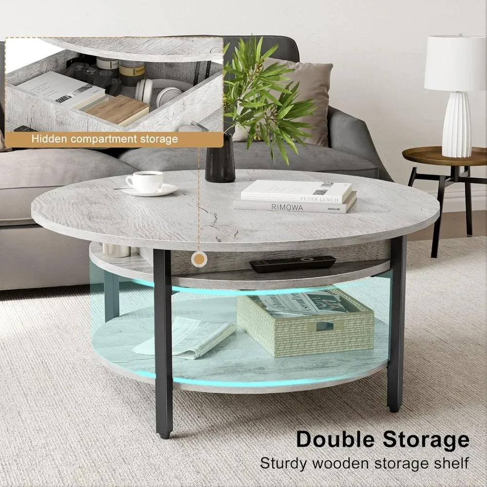 Round Lift Top Coffee Table for Living Room, 35.43'' Round Coffee Table with Storage and Hidden Compartment