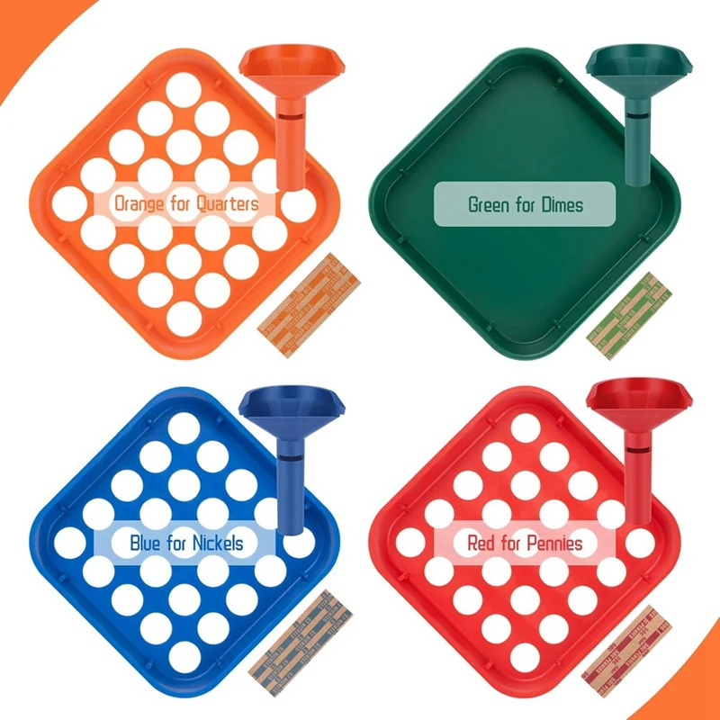 Super Sale Coin Sorter Tray & Coin Sorter Tube 4 Color Coded Coin Separator Trays with 100 PCS Coin Wrappers Assorted