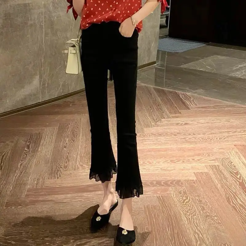 Micro-flared Cropped Pants Children's Black Thin Large Elastic High-waisted Small Lace Wide-leg Pants