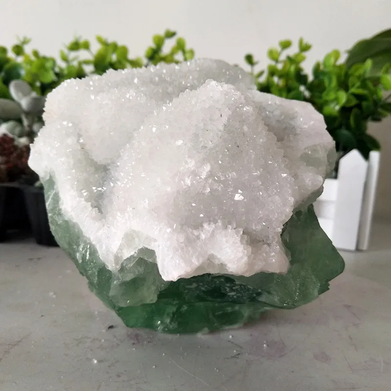 Natural Green Fluorite And Sparkling Crystal Symbiont Raw Stone Druzy Mineral Specimen Room Decor Ornaments Reiki Healing