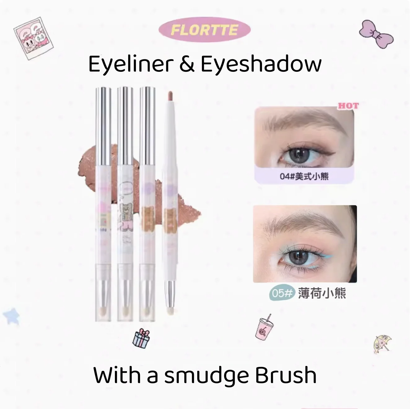 FLORTTE Bread Bear Double-Ended Eyeliner Pencil With Brush Original Real Korean Eyeliner Gel Pencil Women Cosmetics Makeup