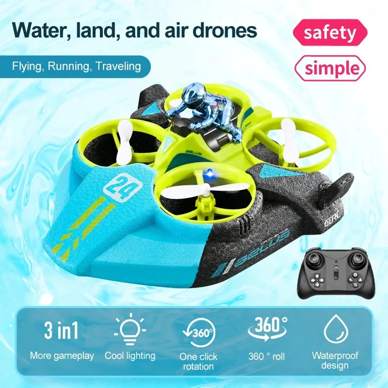 Christmas Mini RC plane 3 in 1 Water Land Air Flight Hovercraft Boat Speed Drift Toy 2.4G RC Quadcopter Waterproof for Kids V24