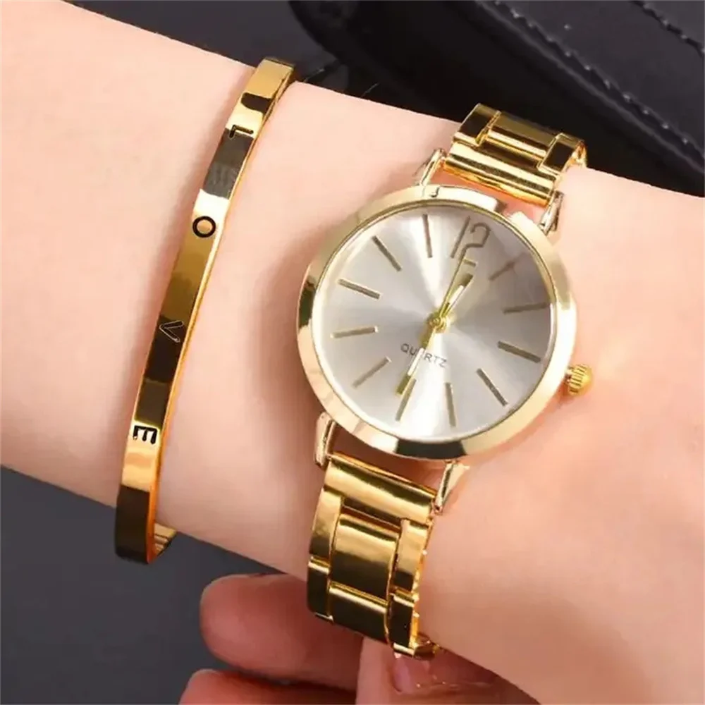 Ladies Fashion Simple Digital Alloy with Quartz Watch Bracelet 2pcs Set Luxury Women Simple Dial Ladies Watches