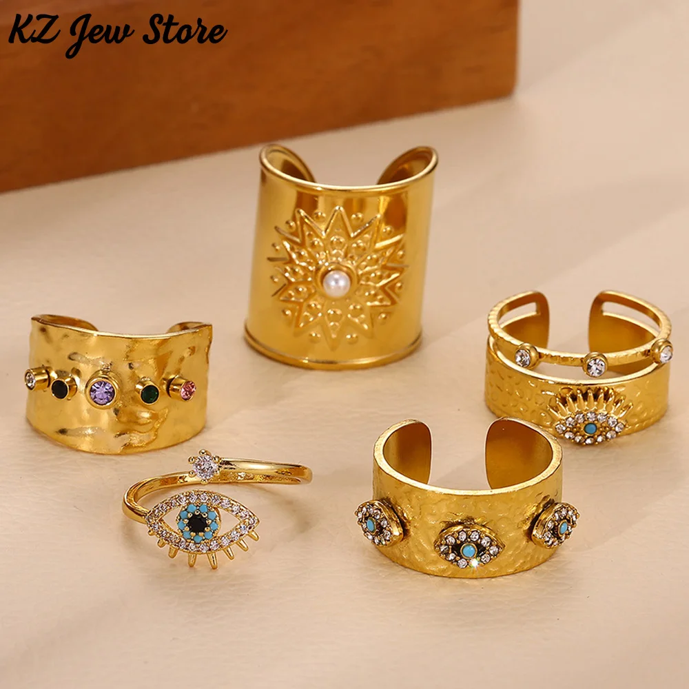 Anillos gruesos de superficie ancha para mujeres y hombres, Anillos de circonita con ojo Punk Türkiye, Color dorado, acero inoxidable, regalo de joyería resistente al agua