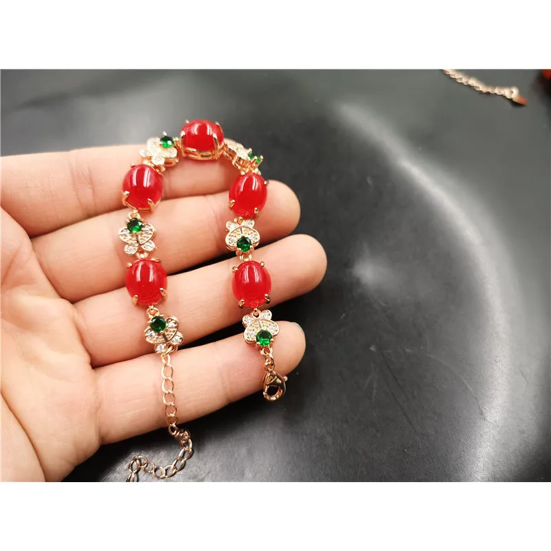 Inlaid Red Women, Green Agate Bracelet, Vintage Ethnic Style 2