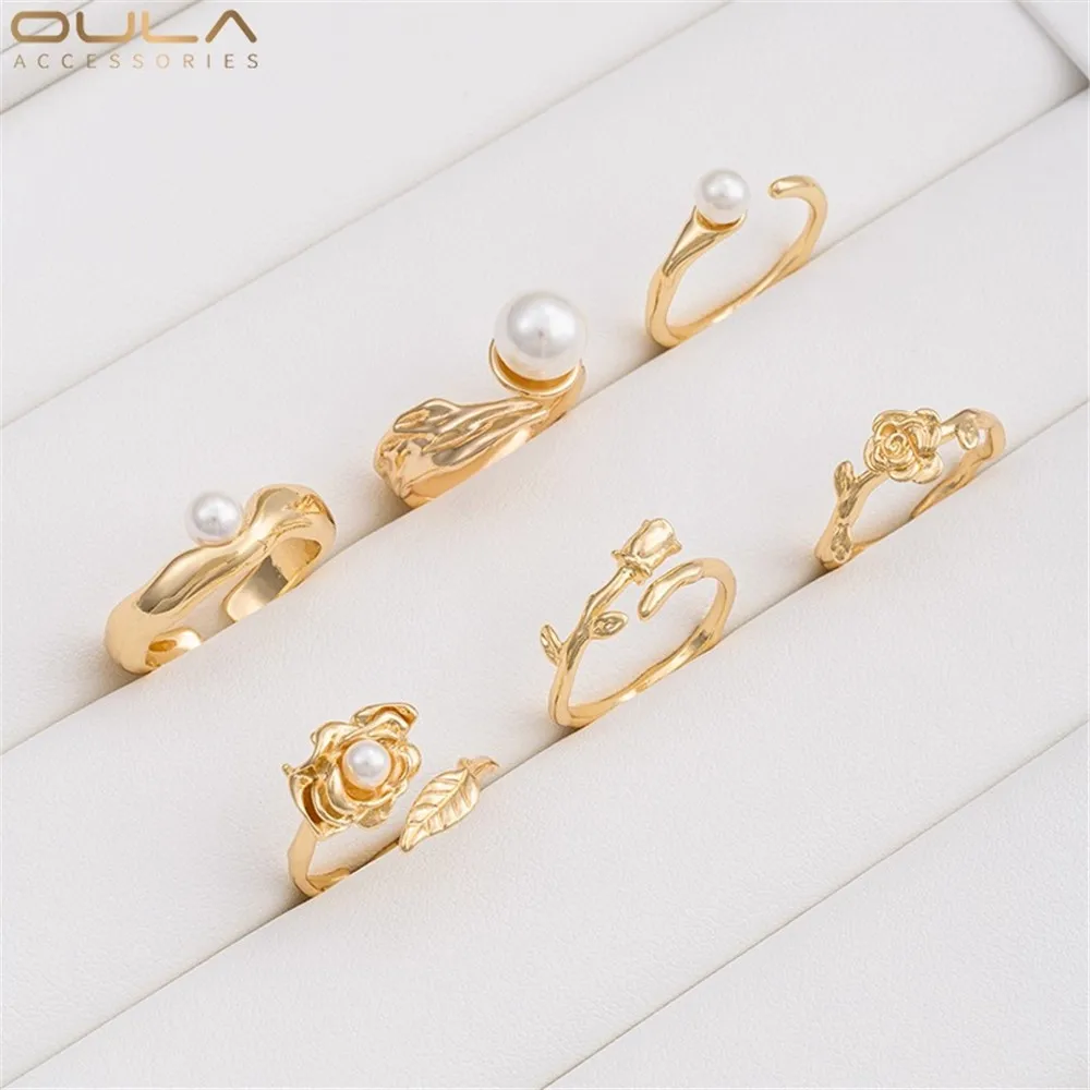 

1pcs 14K Gold-plated Color-preserving Rose, Tulip Abstract Leaf Bead Setting Ring Diy Hand-stuck Pearl Handmade Accessory